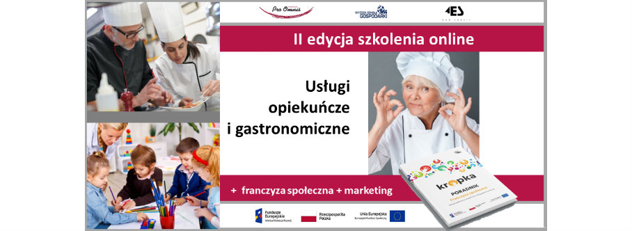 Plakat zapowiadający szkolenia z usług opiekuńczych i gastronomicznych